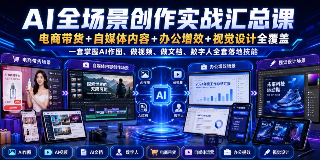 AI全场景创作实战汇总课｜电商带货+自媒体内容+办公增效+视觉设计全覆盖，一套掌握AI作图、做视频、做文档、数字人全套落地技能-聚业