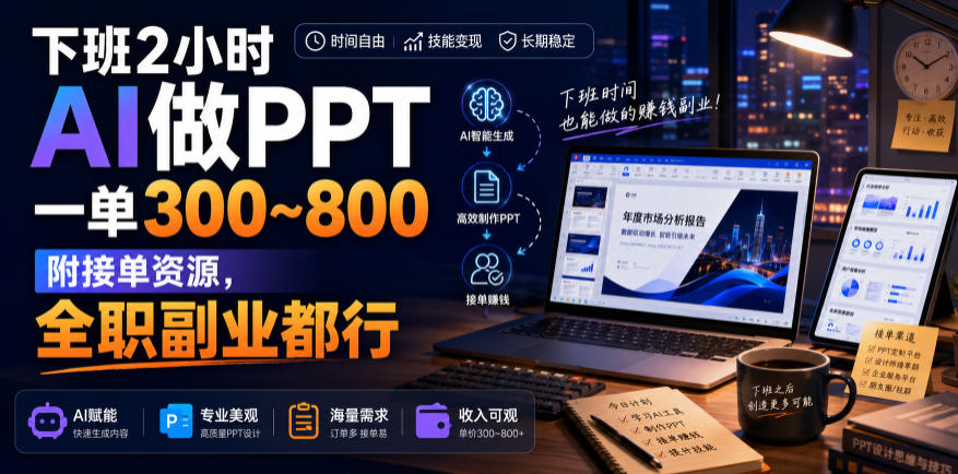 下班2小时AI做PPT，一单300~800，附接单资源，全职副业都行【揭秘】-聚业