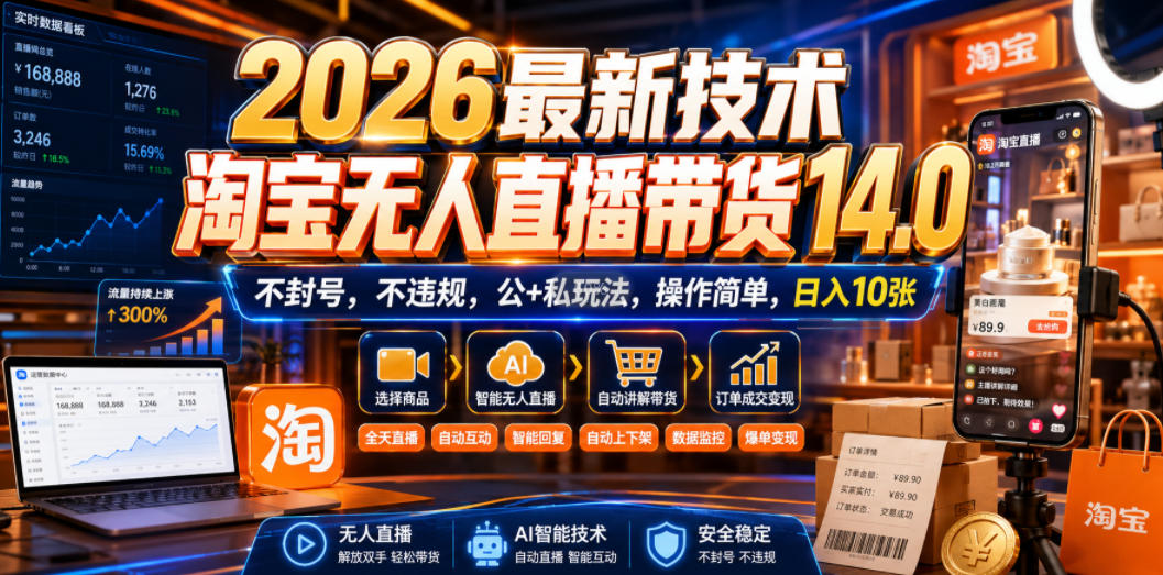 2026最新技术，淘宝无人直播带货14.0，不封号，不违规，公+私玩法，操作简单，日入10张【揭秘】-聚业