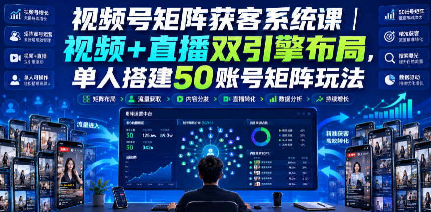 视频号矩阵获客系统课｜视频+直播双引擎布局，单人搭建50账号矩阵玩法，流量入池、搜索占位、全域引流沉淀私域全流程教学-聚业