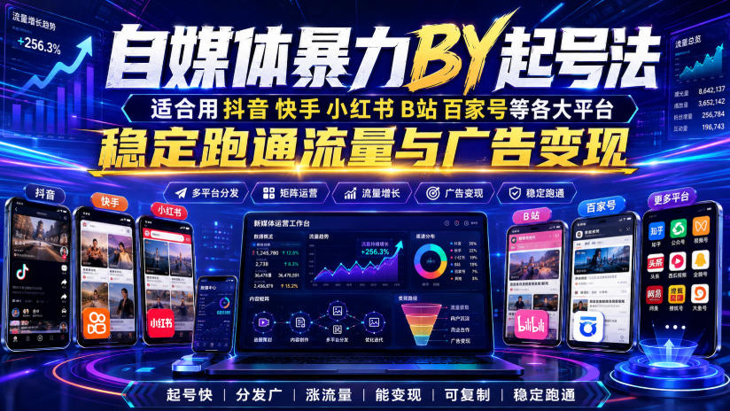 自媒体暴力搬运起号法，适合用抖音快手小红书B站百家号等各大平台，稳定跑通流量与广告变现-聚业