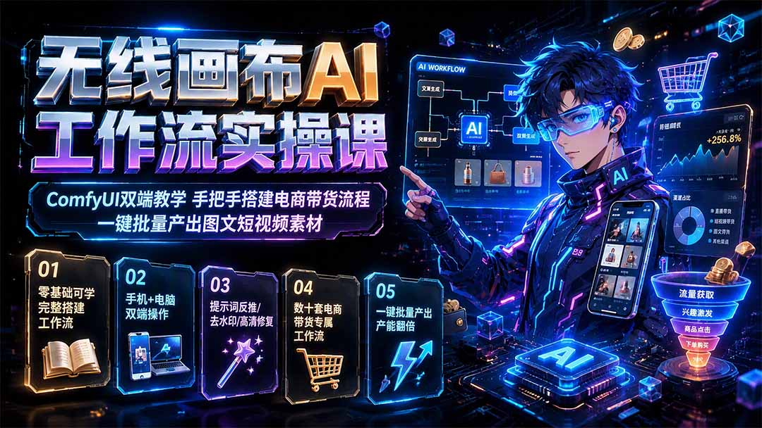 无线画布AI工作流实操课｜ComfyUI双端教学，手把手搭建电商带货流程，一键批量产出图文短视频素材-聚业