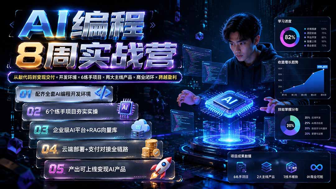 AI编程8周实战营：从敲代码到变现交付×开发环境×6练手项目×两大主线产品×商业闭环×跨越盈利-聚业