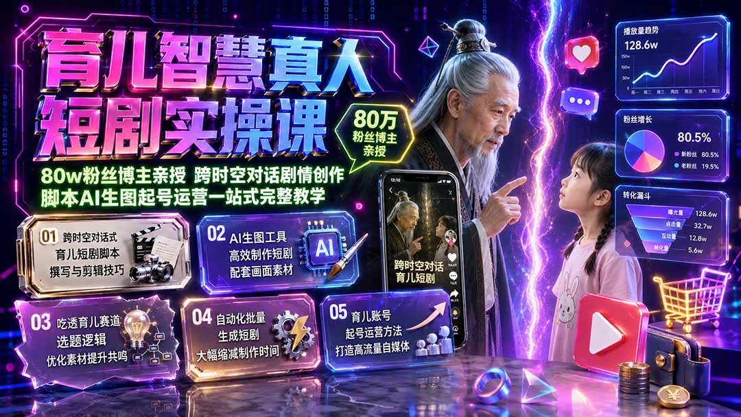 育儿智慧真人短剧实操课｜80w粉丝博主亲授，跨时空对话剧情创作，脚本AI生图起号运营一站式完整教学-聚业