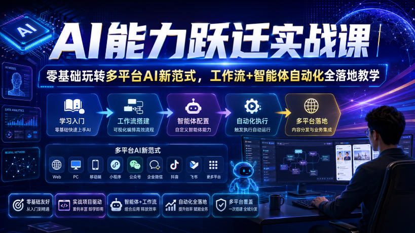 AI能力跃迁实战课｜零基础玩转多平台AI新范式，工作流+智能体自动化全落地教学-聚业