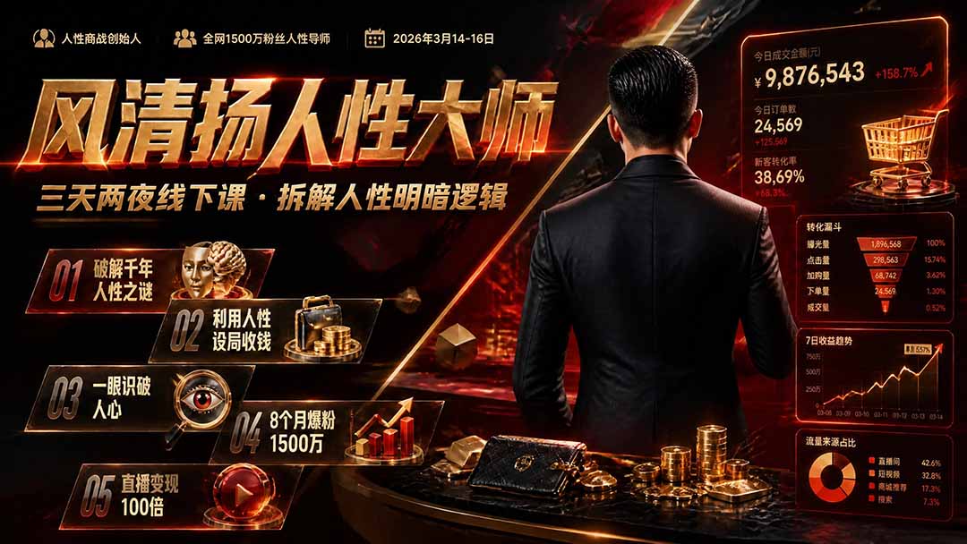 风清扬人性大师-三天两夜3月14-16线下课2026年|拆解人性明暗逻辑,识人避坑,千万粉涨粉+直播百倍变现实战教学-聚业