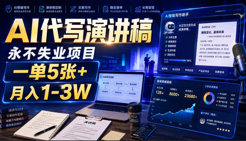 AI代写演讲稿,永不失业项目,一单5张+,月入1-3W【揭秘】-聚业