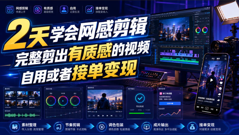 2天学会网感剪辑,完整剪出有质感的视频,自用或者接单变现-聚业