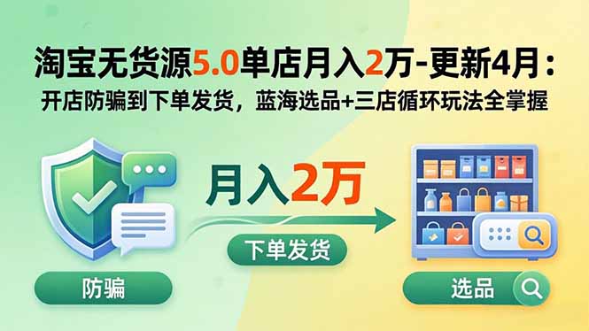 淘宝无货源5.0单店月入2万-更新2026:开店防骗到下单发货,蓝海选品+三店循环玩法全掌握-聚业