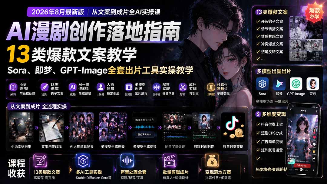 AI漫剧创作落地指南|13类爆款文案教学,Sora、即梦、GPT-Image全套出片工具实操教学-聚业