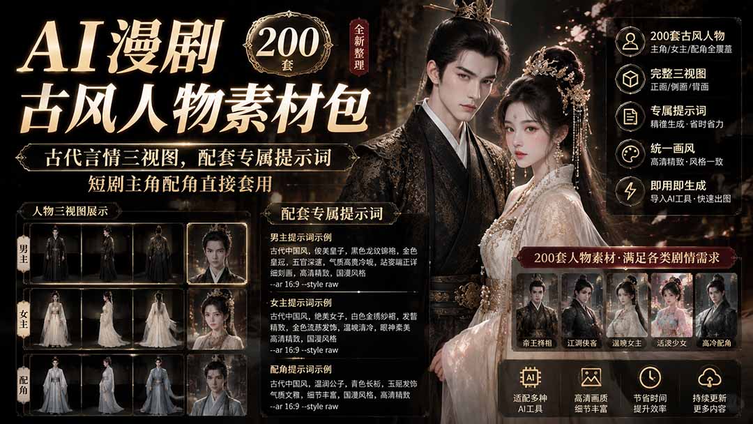 AI漫剧古风人物素材包+提示词|200 套古代言情三视图,配套专属提示词短剧主角配角直接套用-聚业