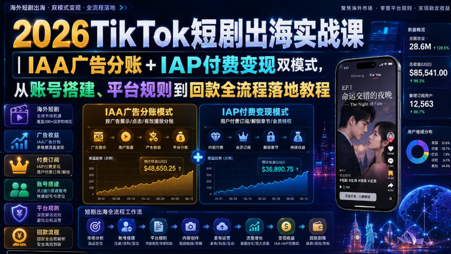 2026TikTok短剧出海实战课|IAA广告分账+IAP付费变现双模式,从账号搭建、平台规则到回款全流程落地教程-聚业