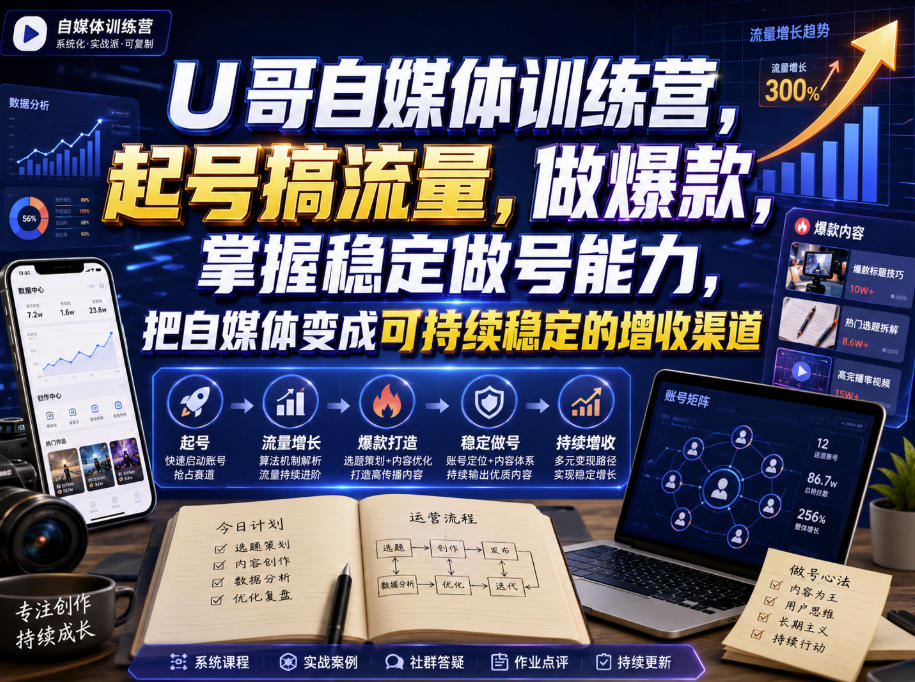 U哥自媒体训练营,起号搞流量,做爆款,掌握稳定做号能力,把自媒体变成可持续稳定的增收渠道-聚业