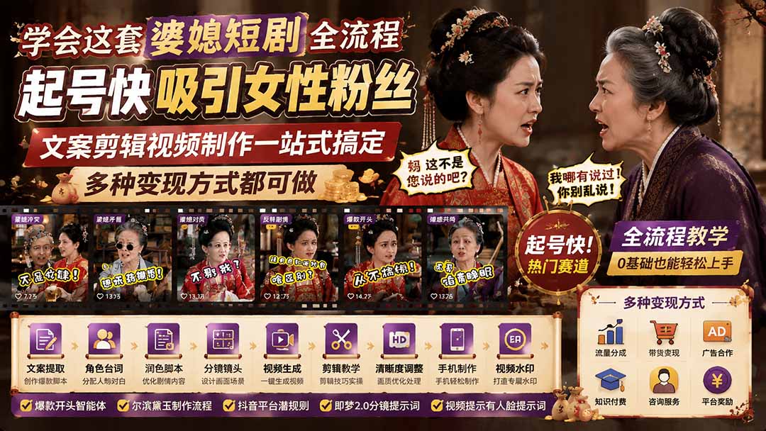 学会这套婆媳短剧全流程:起号快吸引女性粉丝,文案剪辑视频制作一站式搞定,多种变现方式都可做-聚业