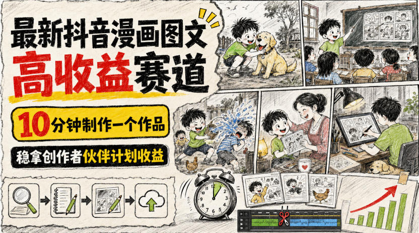 最新抖音漫画图文高收益赛道,10分钟制作一个作品,稳拿创作者伙伴计划收益-聚业