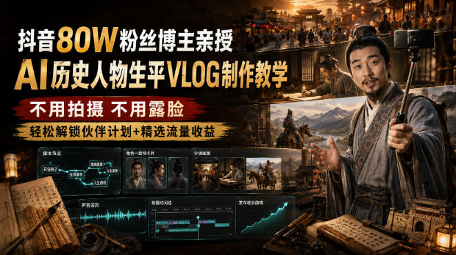 抖音80W粉丝博主的AI历史人物生平VLOG教学,不用拍摄不用露脸,AI帮你搞定,轻松解锁伙伴计划+精选收益-聚业