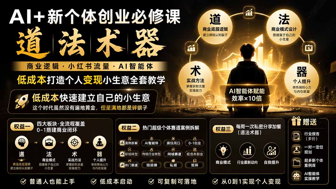 AI+新个体创业必修课|道法术器|商业逻辑·小红书流量·AI智能体|低成本打造个人变现小生意全套教学-聚业