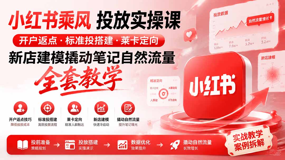 小红书乘风投放-100分钟实操课|开户返点·标准投搭建·莱卡定向,新店建模撬动笔记自然流量全套教学-聚业