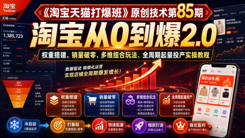 《淘宝天猫打爆班》原创技术第85期,淘宝从0到爆2.0,权重搭建、销量破零、多维组合玩法、全周期起量投产实操教程-聚业