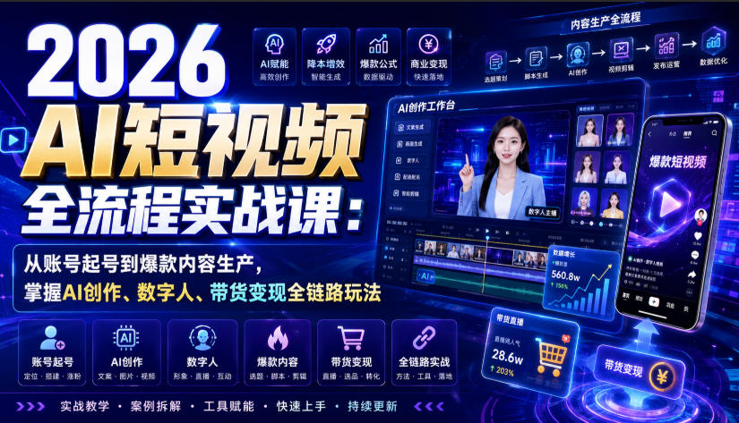 2026 AI短视频全流程实战课:从账号起号到爆款内容生产,掌握AI创作、数字人、带货变现全链路玩法-聚业