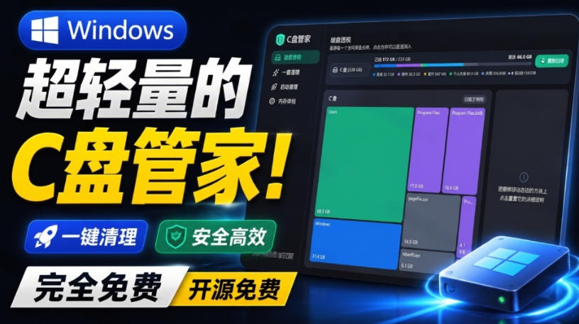 Windows超轻量的C盘管家!超级有特点,支持磁盘分析及清理提醒,2M大小体积,完全免费C盘管家-聚业