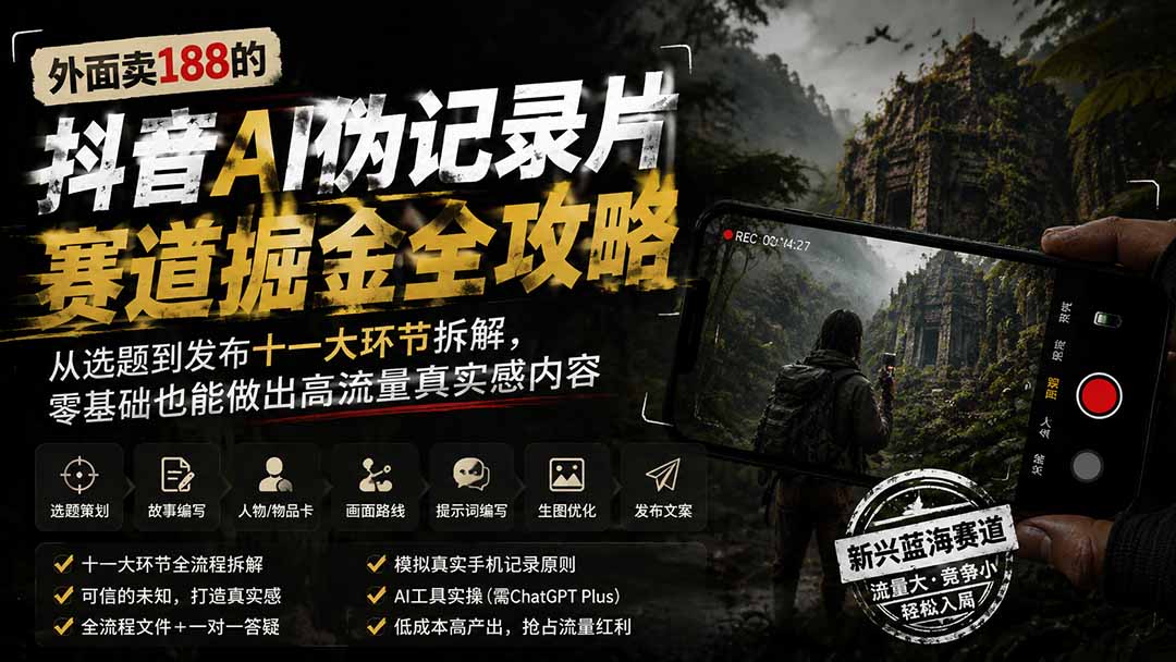 外面卖188的抖音AI伪记录片赛道掘金全攻略;从选题到发布十一大环节拆解,零基础也能做出高流量真实感内容-聚业