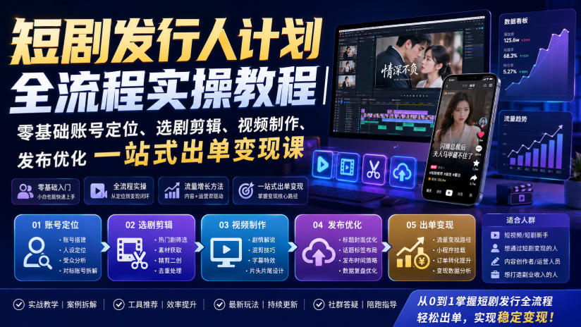 短剧发行人计划全流程实操教程|零基础账号定位、选剧剪辑、视频制作、发布优化一站式出单变现课-聚业