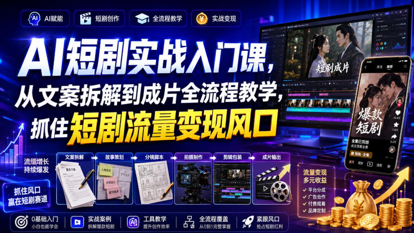 AI短剧实战入门课,从文案拆解到成片全流程教学,抓住短剧流量变现风口-聚业