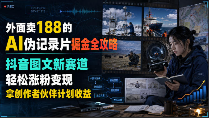外面卖188的AI伪记录片掘金全攻略,抖音图文新赛道,轻松涨粉变现,拿创作者伙伴计划收益【文档】-聚业
