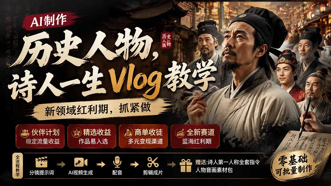 历史人物,诗人一生Vlog教学, AI制作丨伙伴计划丨精选收益丨商单收徒 ,新领域红利期,抓紧做-聚业