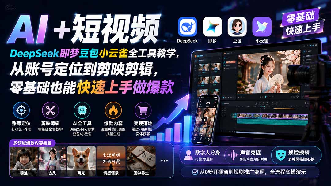 AI+短视频|DeepSeek即梦豆包小云雀全工具教学,从账号定位到剪映剪辑,零基础也能快速上手做爆款-聚业