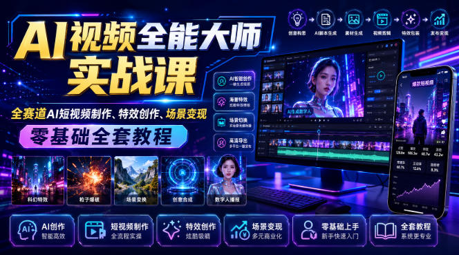 AI视频全能大师实战课|全赛道AI短视频制作、特效创作、场景变现零基础全套教程-聚业