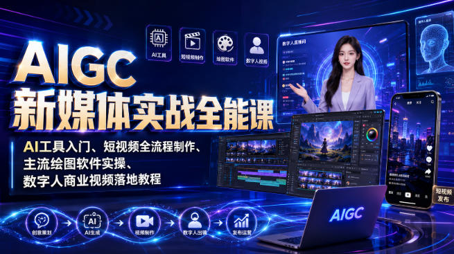 AIGC新媒体实战全能课|AI工具入门、短视频全流程制作、主流绘图软件实操、数字人商业视频落地教程-聚业