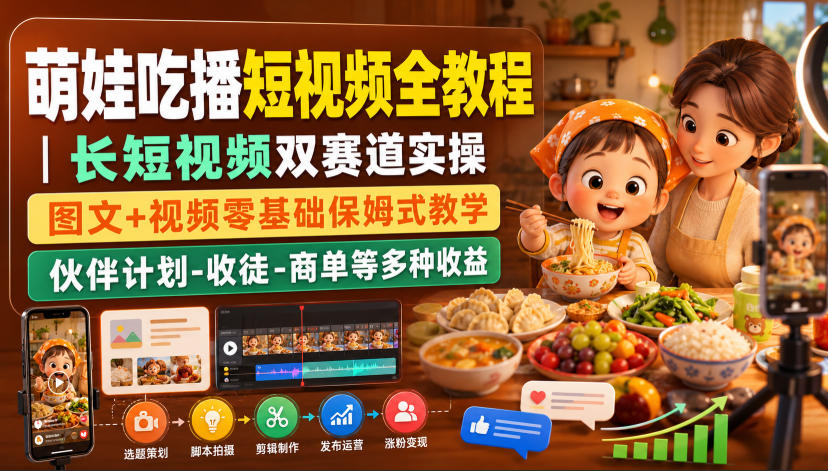 萌娃吃播短视频全教程|长短视频双赛道实操,图文+视频零基础保姆式教学,伙伴计划-收徒-商单等多种变现方式-聚业