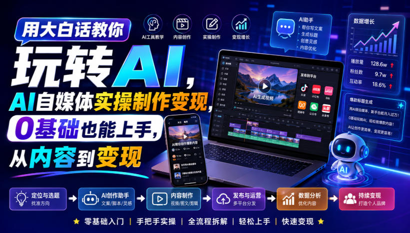 用大白话教你玩转AI,AI自媒体实操制作变现,0基础也能上手,从内容到变现-聚业