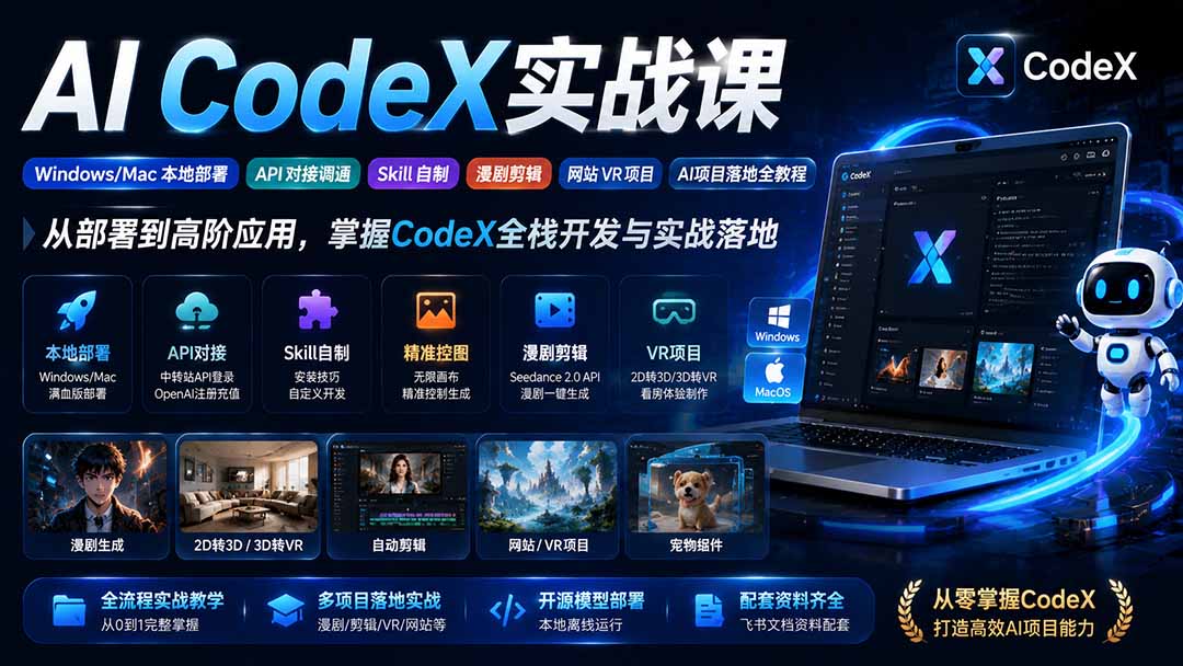 AI  CodeX实战课｜Windows/Mac 本地部署｜API 对接调通｜Skill 自制｜漫剧剪辑｜网站 VR 项目｜AI项目落地全教程-聚业