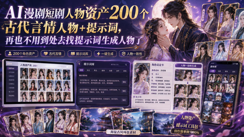 AI漫剧短剧人物资产200个古代言情人物+提示词，再也不用到处去找提示词生成人物了-聚业