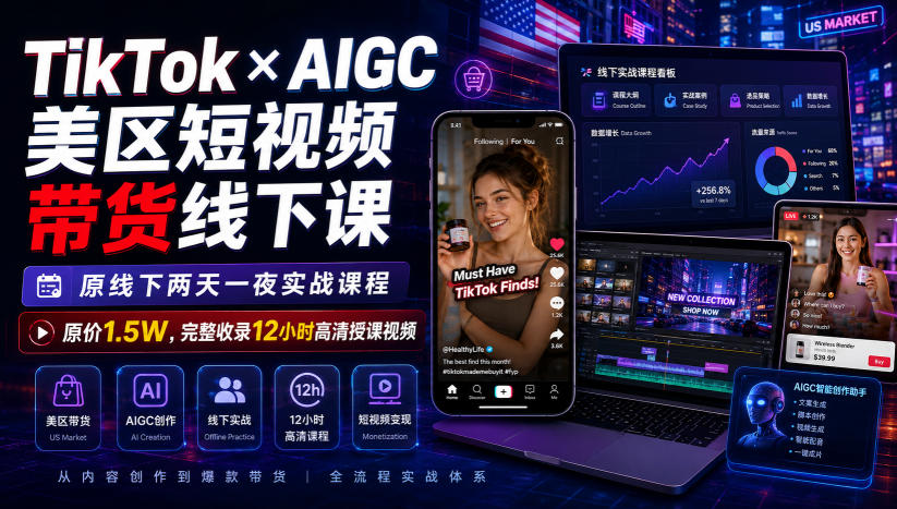 TikTok×AIGC美区短视频带货线下课，原线下两天一夜实战课程，原价1.5W，完整收录12小时高清授课视频-聚业