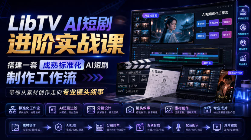 LibTV AI短剧进阶实战课，搭建一套成熟标准化AI短剧制作工作流，带你从素材创作走向专业镜头叙事-聚业