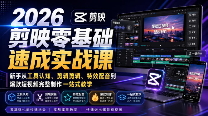 2026剪映零基础速成实战课｜新手从工具认知、剪辑剪辑、特效配音到爆款短视频完整制作一站式教学-聚业
