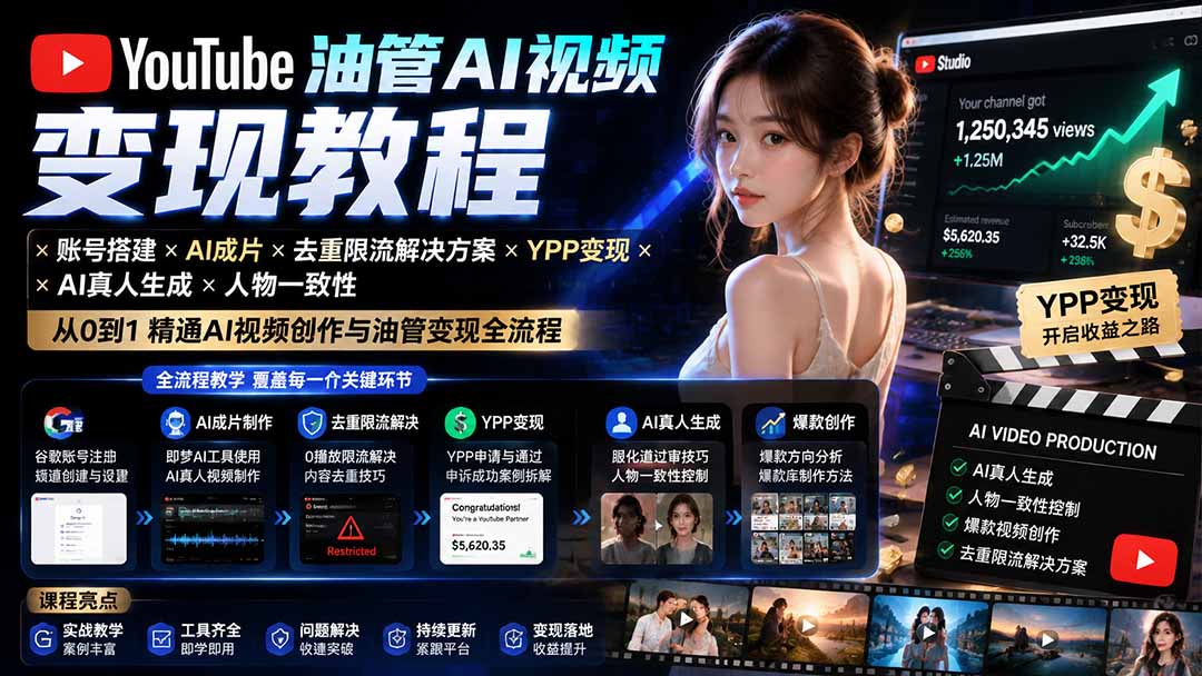 YouTube油管AI视频变现教程-更新:账号搭建×AI成片×去重限流解决方案×YPP变现×AI真人生成×人物一致性-聚业