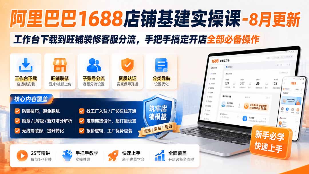 阿里巴巴1688店铺基建实操课-8月更新;工作台下载到旺铺装修客服分流,手把手搞定开店全部必备操作-聚业