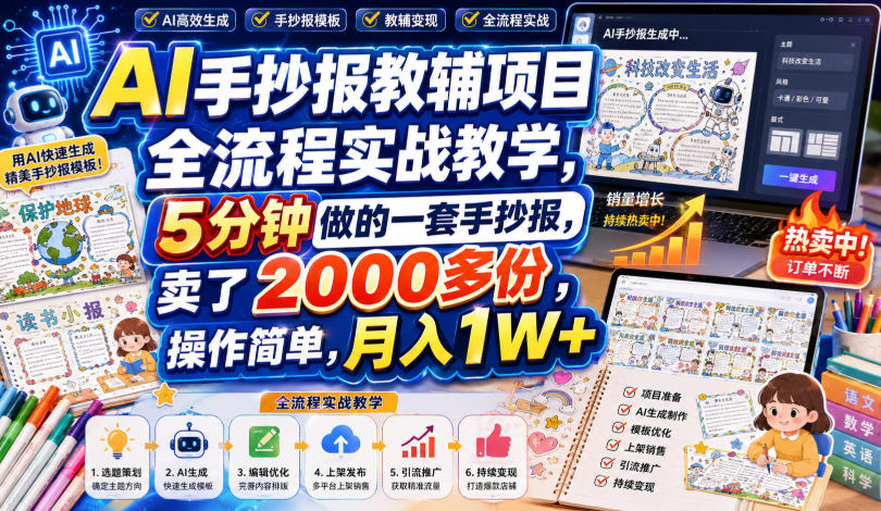 AI手抄报教辅项目全流程实战教学,5分钟做的一套手抄报,卖了2000多份,操作简单,月入1W+-聚业
