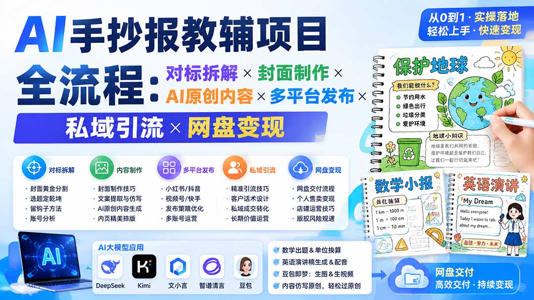 AI手抄报教辅项目全流程:对标拆解×封面制作×AI原创内容×多平台发布×私域引流×网盘变现-聚业