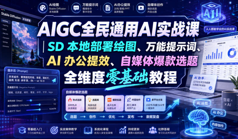 AIGC全民通用AI实战课|SD本地部署绘图、万能提示词、AI办公提效、自媒体爆款选题全维度零基础教程-聚业