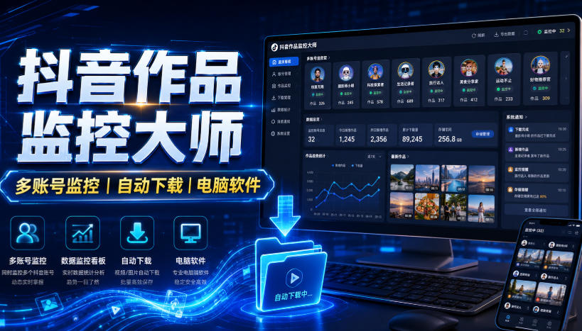 抖音作品监控大师,多账号监控丨自动下载丨电脑软件-聚业