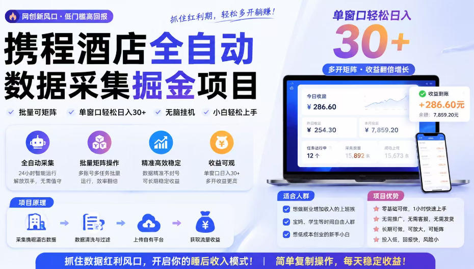 携程酒店采集挂G项目,批量可矩阵,单机轻松日入300+,开启你的睡后收入模式!【揭秘】-聚业