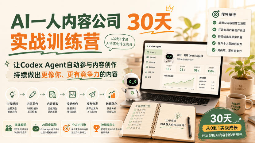 AI一人内容公司30天实战训练营,让Codex Agent自动参与内容创作持续做出更像你、更有竞争力的内容-聚业