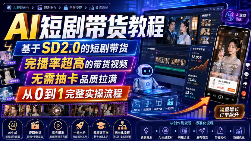 AI短剧带货教程,基于SD2.0的短剧带货,完播率超高的带货视频,无需抽卡品质拉满,从0到1完整实操流程-聚业