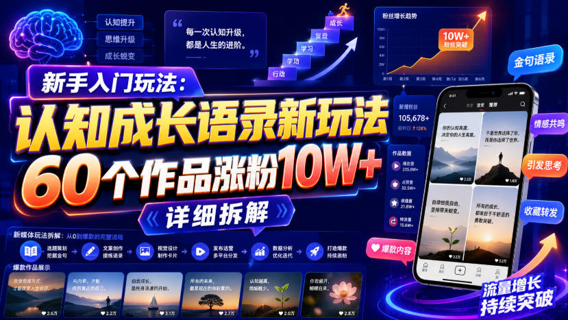 新手入门玩法:认知成长语录新玩法,60个作品涨粉10W+,详细拆解-聚业